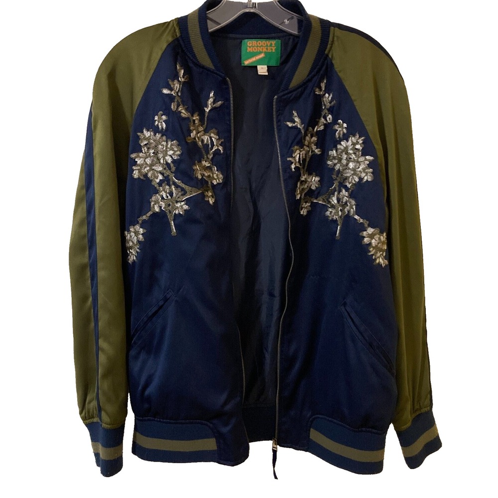Groovy Monkey Bomber Jacket, Womens Size S, Flowers, Embroidery